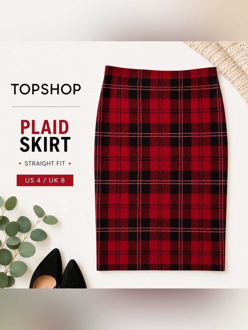 Topshop Red and Black Plaid Midi Skirt size 4
